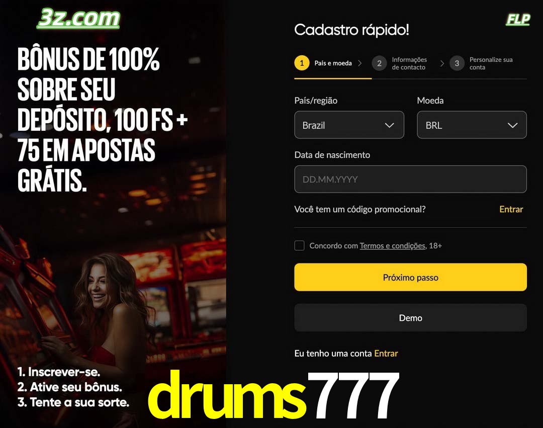 drums777 registro oficial cassino online Brasil com bônus de depósito e free spins